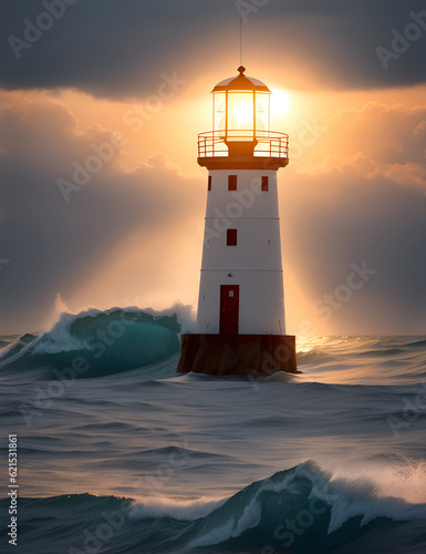 Lighthouse at early morning sea shore, beacon building at scenery nature ocean landscape. Nautical seafarer on rocky coast under blue sky. Marine sailing light, illustration style.