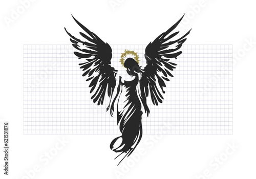 Vector black ink silhouette of an angel lady with halo and wings. The Coming of the Goddess. Religious and cultural illustration.
