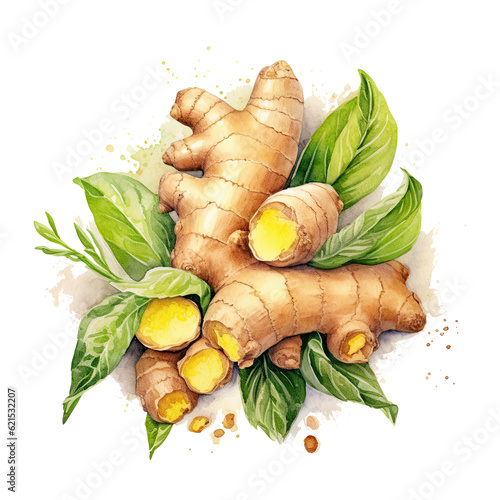 Watercolor ginger. Vegetable clipart illustration. Generative AI