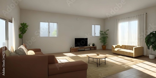Empty living room with sofa in simple living room interior. Blank horizontal poster frame mock up in scandinavian style living room interior  3d rendering