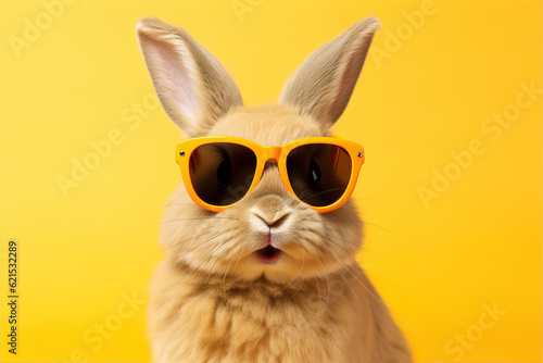 cute fluffy domestic rabbit with long ears wearing yellow stylish sunglasses against pastel yellow background