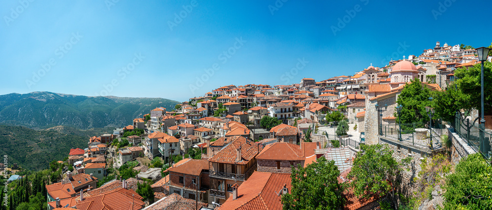 Aerial panoramic view of Arachova (Αράχωβα ) and Parnassos in the western part of Boeotia.