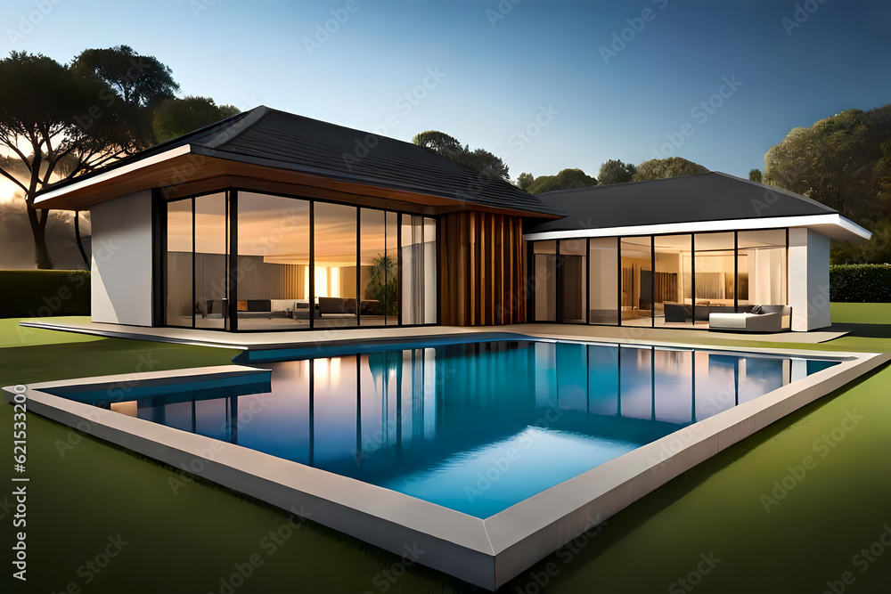 Modern house with pool in the evening