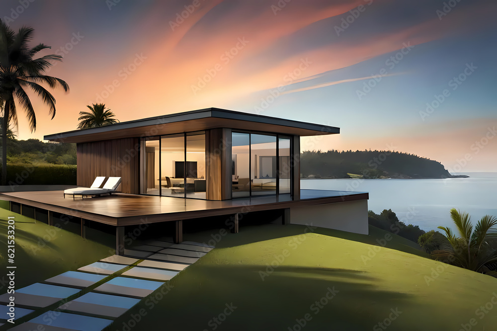 Modern bungalow by the sea in the evening Modern bungalow by the sea in the evening