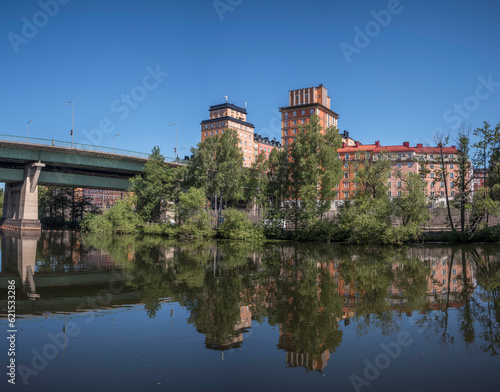 Twin towers at the bridge St Eriksbron at the canal Karlbergskanalen, a sunny summer day in Stockholm