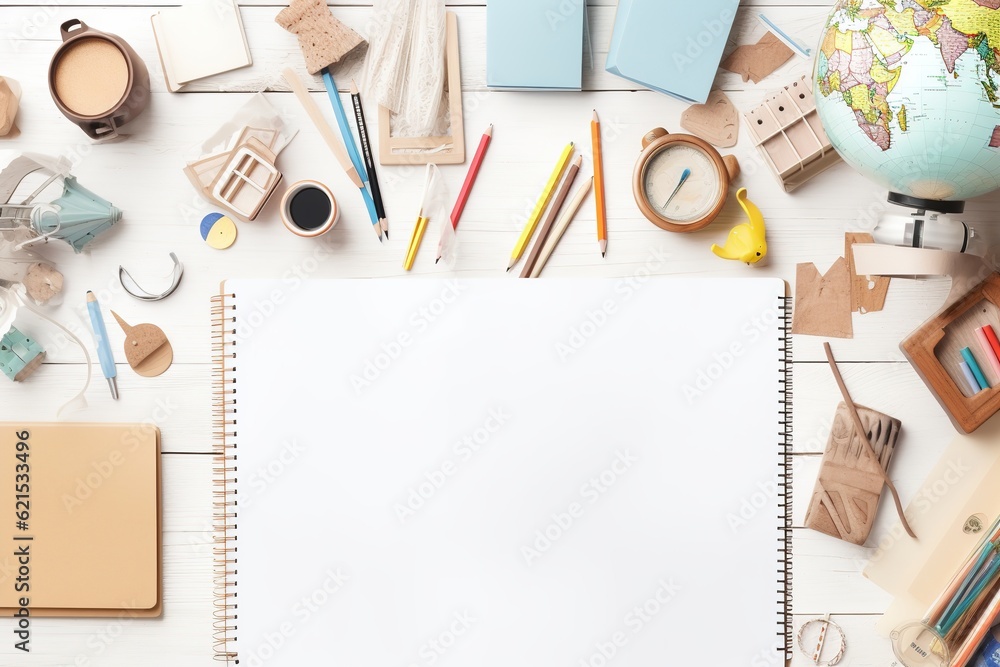 Back to school concept creative layout with with various school supplies on white desk table. Back to school concept creative layout with with various school supplies on white desk table.
