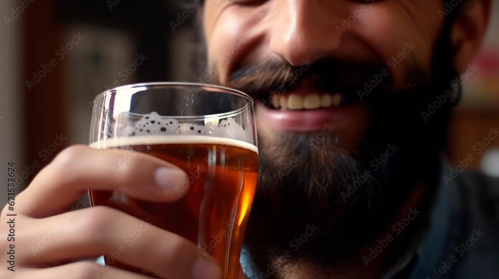 Closeup man with a glass of beer. Partial view. Generative AI