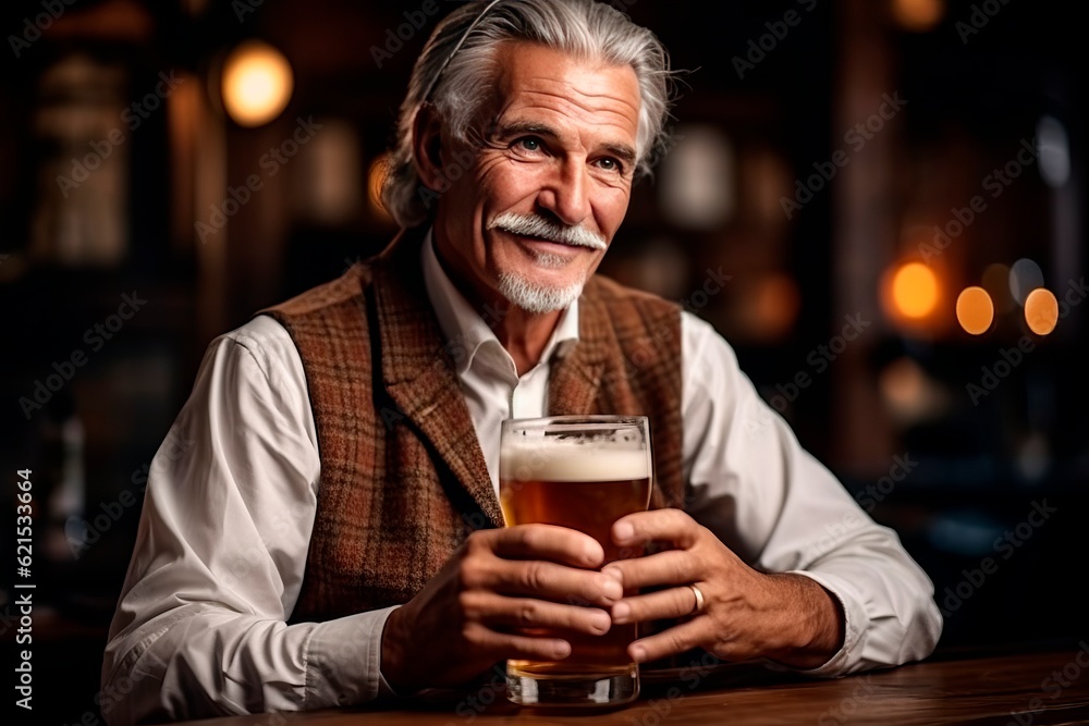 german man with a glass of lager beer at the bar. generative ai