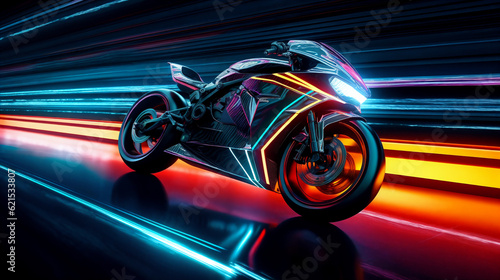 Futuristic fantasy motorbike on highway. AI Generative