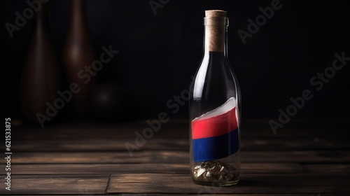 French flags on a french champagne bottle cork on an old wooden table. Generative Ai