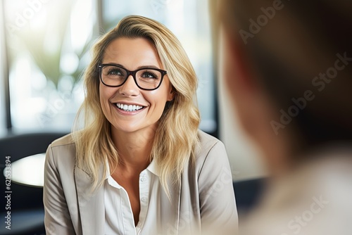 woman smiling in a conference room with other people