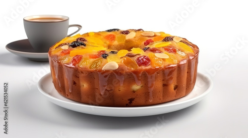 typical portuguese fruit cake Bolo rainha on white big dish. Generative Ai photo