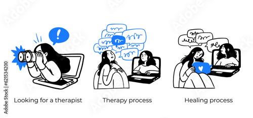 Mental health and psychology concept set. Different mental health problems, psychological disorders, treatment techniques and approaches.