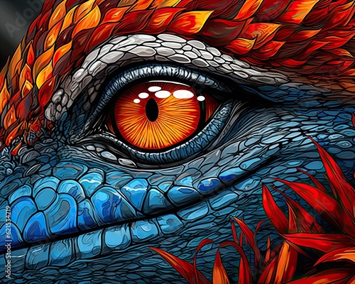 The lizard's eye has orange and blue colors. (Illustration, Generative AI)