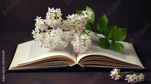 Spring romantic bouquet of a white lilac and album. Generative Ai © MDRobiul