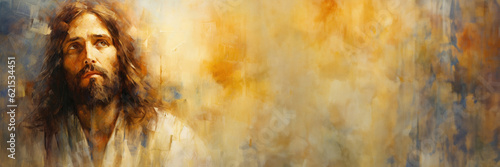 Jesus Christ with a long beard and mustache on an abstract background with copy space