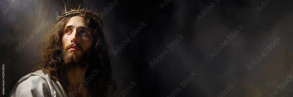 Jesus Christ with crown of thorns on dark background. Panorama with copy space