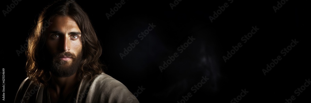 Obraz premium Jesus Christ portrait on black background. Horizontal banner with copy space