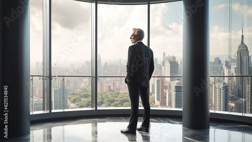 A middle-aged businessman in an office stands and looks out a large floor-to-ceiling window. AI generated.