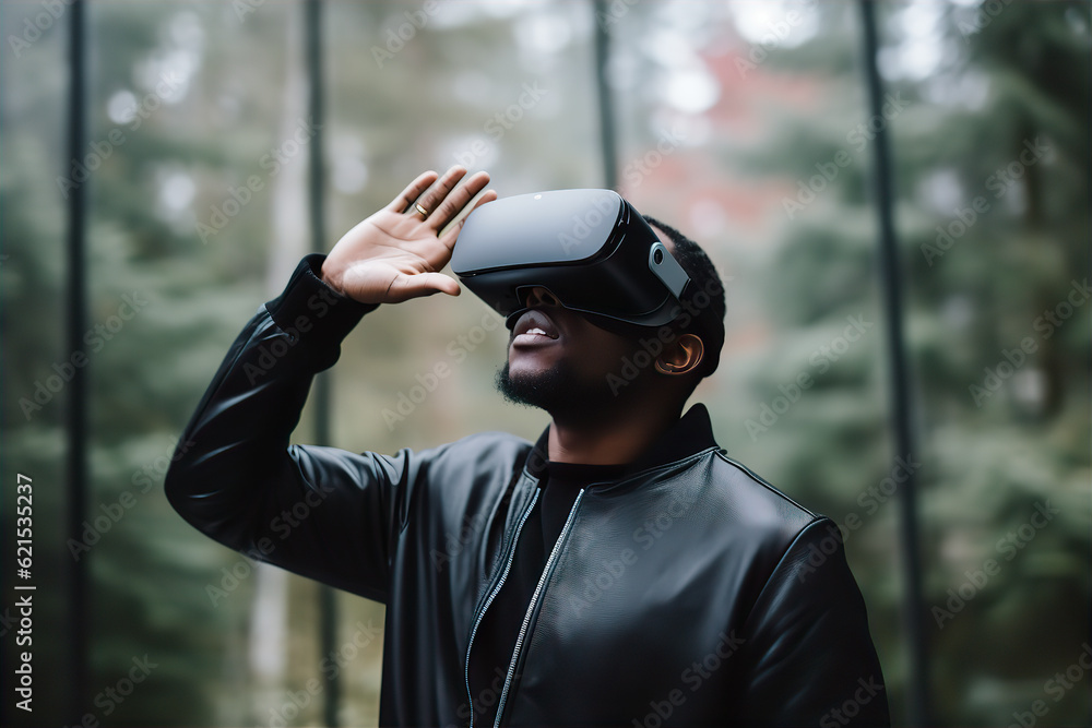 Fototapeta premium Immersive Technology: Man in black leather jacket Delving into Virtual Reality with VR Helmet