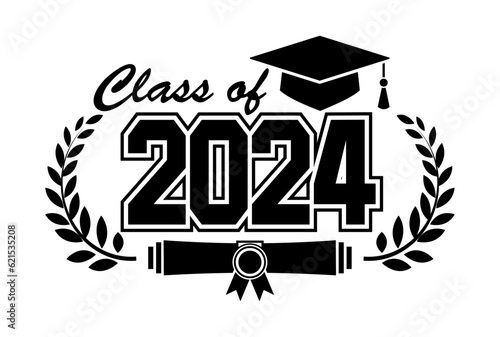 2024 class graduate. The concept of decorate congratulation for school graduates. Design for t-shirt, flyer, invitation, greeting card. Illustration, vector photo