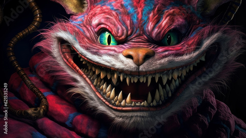 Futuristic Cheshire cat with a huge smile and big teeth with a grin. AI generated.