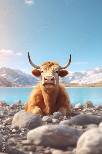Brown cow lying on the shore of a mountain lake against the blue sky. AI Generative