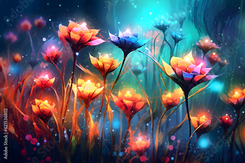 Beautiful fantasy flowers in the meadow. AI Generative