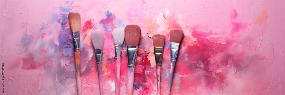 set of brushes, brushes with pink paint, brush pink color, wall art