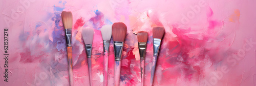 Fototapeta set of brushes, brushes with pink paint, brush pink color, wall art design brush pink