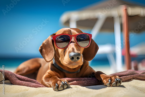 A dog in sunglasses lies in a beach, vacation, Generative AI 3