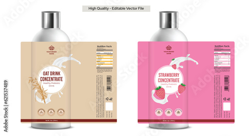 Prebiotic drink label design, healthy drink packaging, flavored milk label design, oat milk bottle package, strawberry milk bottle tropical package editable vector illustrations