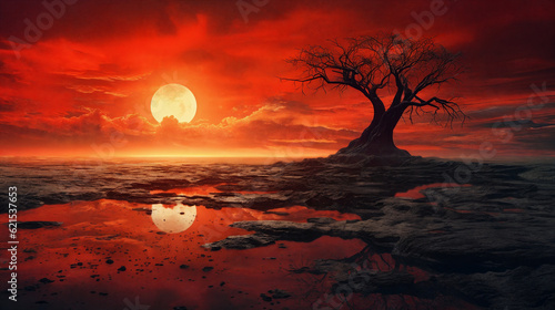 Fantasy landscape with moonrise over the river. Generative AI