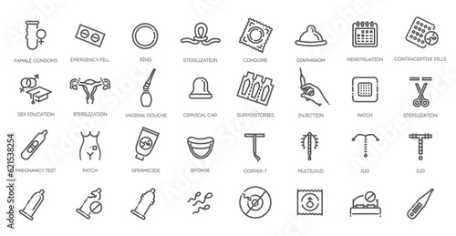 Set of contraceptive methods icons. Thin linear style icons Pack. Vector Illustration