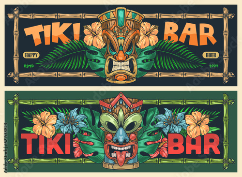 Tiki bar set banners colorful