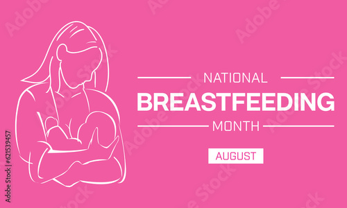 National Breastfeeding Month design with a line drawing of a mother breastfeed her baby on a pink background. Vector illustration