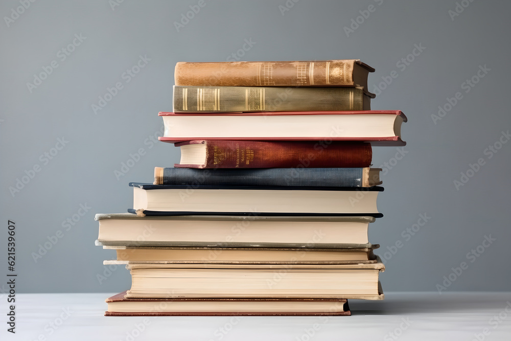 Pile stack of books on plain background. An array of colorful books piled separately on a plain background Pile stack of books on plain background. An array of colorful books piled separately on a plain background