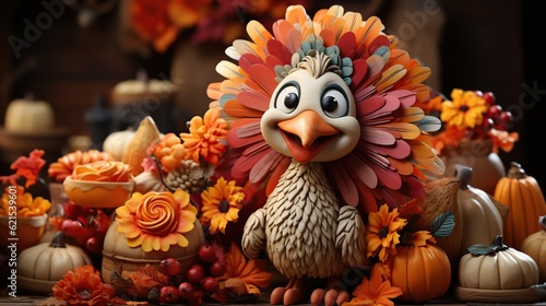 Happy thanksgiving day with a turkey and fall decoration. Generative AI