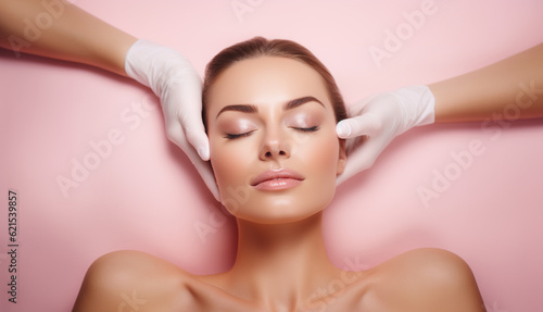 Woman getting facial treatment at spa. Cosmetologist,beautician applying facial dermapen treatment on face of young woman customer in beauty salon.Cosmetology and professional skin care, face  photo