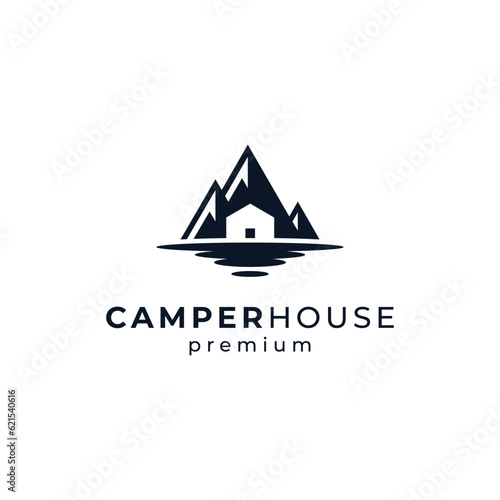 Photographie home with mountain and lake for holiday and camp logo design