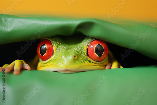 Frog peeking out, greenish background