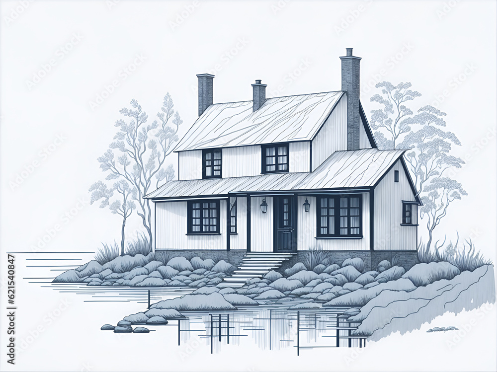 Cottage drawing. AI generated illustration