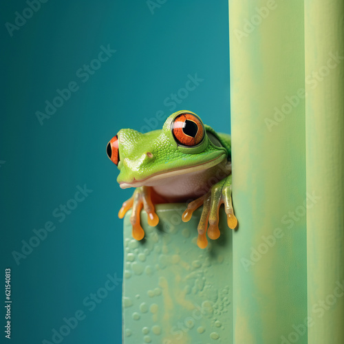 Frog peeking out, greenish background