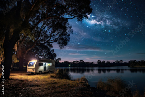 Photo Summer night camping, lighted caravan and trees in the river under a starry sky