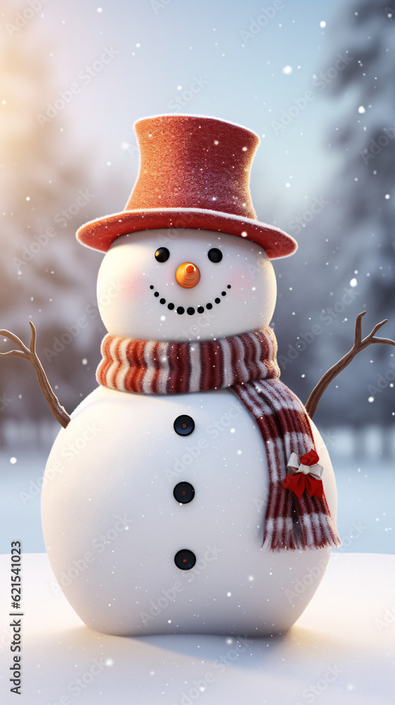 Fototapeta premium Snowman wearing a red hat and scarf in a winter landscape