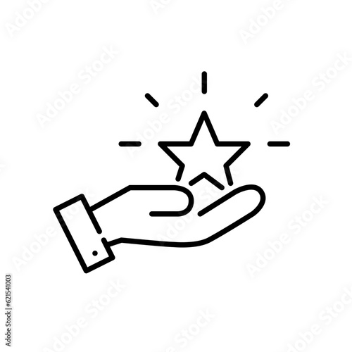 Holding shining star in hand. Bonus points customer reward program symbol. Pixel perfect, editable stroke icon