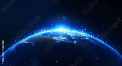 Blue futuristic background with planet Earth. Internet and technology. Global world network and data connection. Communication technology for internet business. Future.