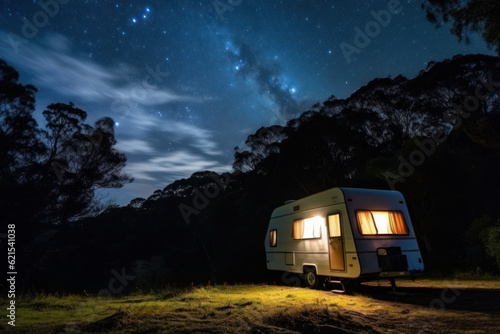 Summer night camping, lighted caravan and trees in the forest under a starry sky. Tourists camp outdoor. Generative AI.