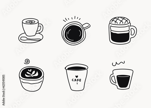 Leinwand Poster Hand drawn line doodle style cafe illustrations, black line icons, cafe logos, t