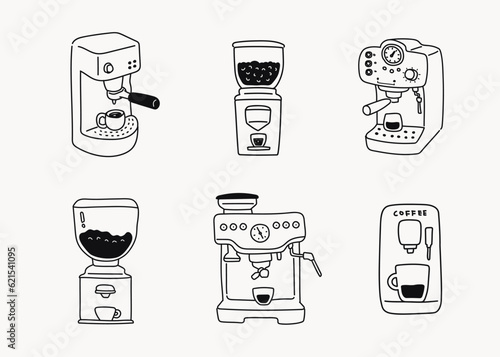 Hand drawn line doodle style cafe illustrations, black line icons, espresso coffee maker, coffee machine